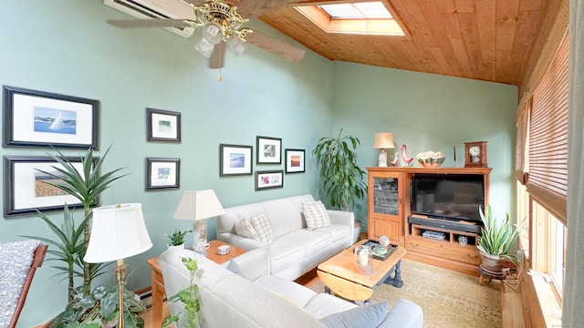 70 River Rd, Preston, CT 06365 - living room featuring a skylight, wooden ceiling, ceiling fan, wood finished floors, and lofted ceiling