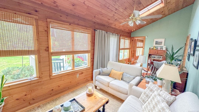 70 River Rd, Preston, CT 06365 - living room featuring plenty of natural light, wood ceiling, wooden walls, a ceiling fan, and high vaulted ceiling