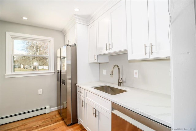 18 Greenbrier Rd, East Hartford, CT 06118 - kitchen featuring stainless steel appliances, baseboard heating, white cabinets, light wood-type flooring, and recessed lighting