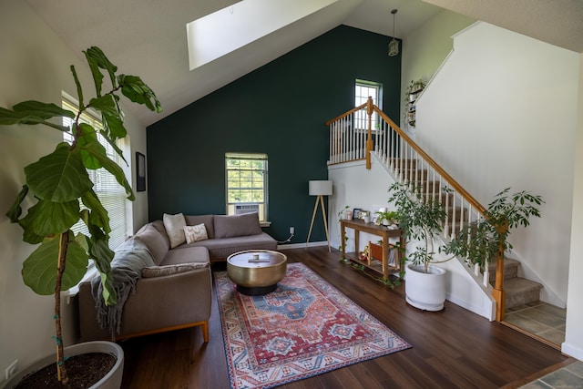 14 Greenview Ter, Middletown, CT 06457 - living room featuring stairway, a skylight, wood finished floors, and high vaulted ceiling