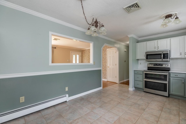 21 Brentwood Rd, New Milford, CT 06776 - kitchen with stainless steel appliances, a baseboard radiator, ornamental molding, a chandelier, and light countertops