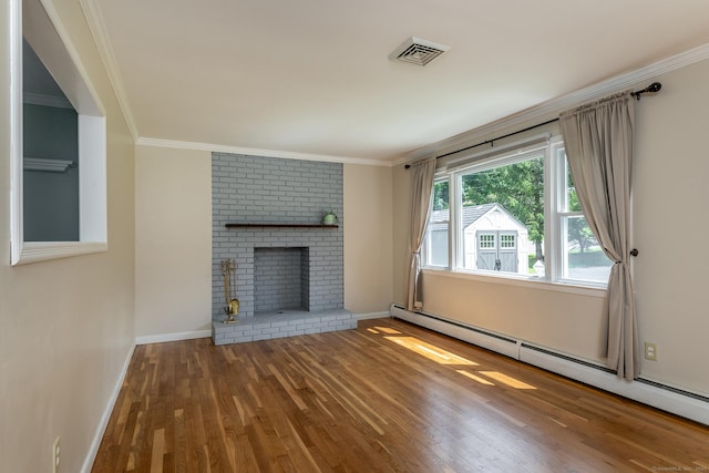 21 Brentwood Rd, New Milford, CT 06776 - unfurnished living room featuring a baseboard heating unit, wood finished floors, ornamental molding, and a fireplace