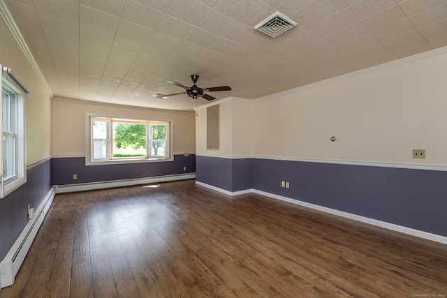 21 Brentwood Rd, New Milford, CT 06776 - spare room featuring a baseboard heating unit, crown molding, dark wood finished floors, and a ceiling fan