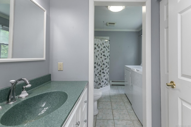 21 Brentwood Rd, New Milford, CT 06776 - full bath with washing machine and clothes dryer, baseboard heating, crown molding, vanity, and tile patterned floors