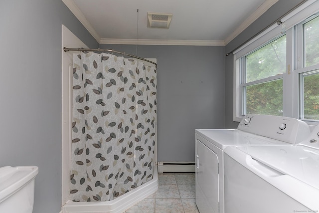 21 Brentwood Rd, New Milford, CT 06776 - washroom featuring washer and dryer, baseboard heating, light tile patterned floors, and crown molding