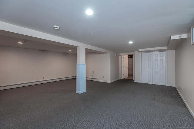21 Brentwood Rd, New Milford, CT 06776 - finished below grade area with dark carpet, recessed lighting, and a baseboard radiator