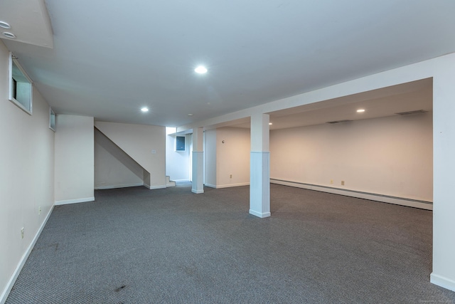 21 Brentwood Rd, New Milford, CT 06776 - finished below grade area with a baseboard radiator, recessed lighting, and dark colored carpet