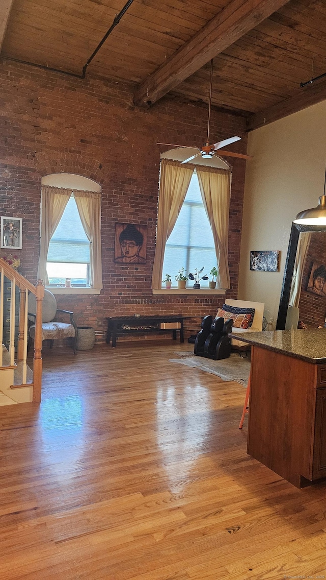 33 Mechanic St Unit 203, Windsor, CT 06095 - dining space with wood finished floors, a wood ceiling with exposed beams, stairs, and a ceiling fan