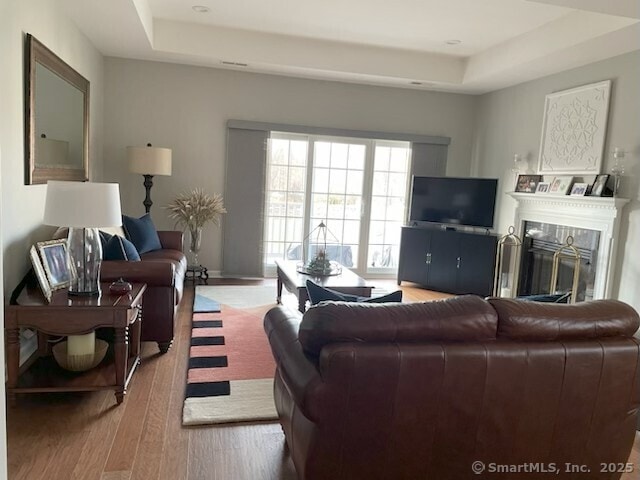 36 Todd St Unit 507, Hamden, CT 06518 - living area with a raised ceiling, wood finished floors, and a glass covered fireplace
