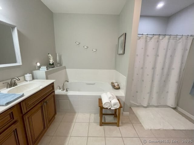 36 Todd St Unit 507, Hamden, CT 06518 - full bath with vanity, tile patterned floors, a bath, and a shower with curtain