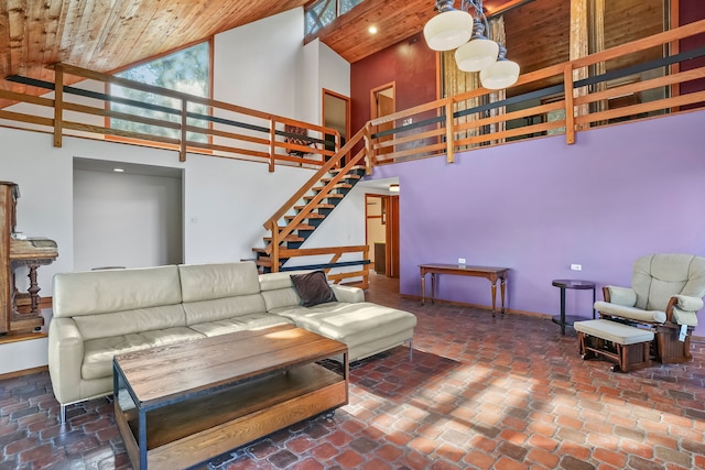 12 Sage Rd, Danbury, CT 06810 - living room with high vaulted ceiling, wooden ceiling, stairway, and recessed lighting