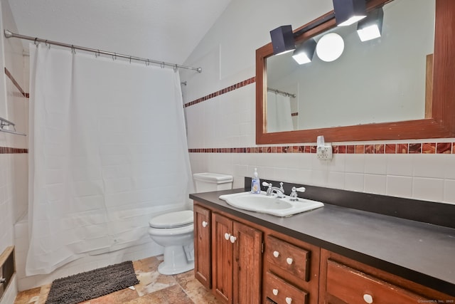 12 Sage Rd, Danbury, CT 06810 - full bathroom featuring vanity, shower / tub combo, lofted ceiling, and tile walls