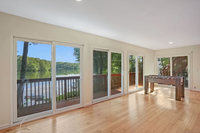 12 Sage Rd, Danbury, CT 06810 - recreation room with a water view, recessed lighting, and wood finished floors
