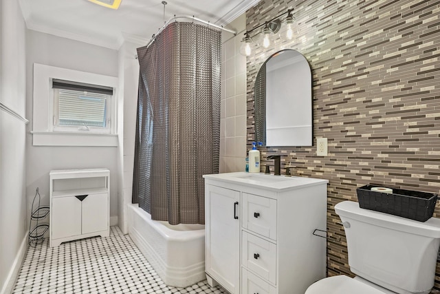 79 W Wooster St, Danbury, CT 06810 - full bathroom featuring vanity, tile walls, shower / bathtub combination with curtain, ornamental molding, and tasteful backsplash