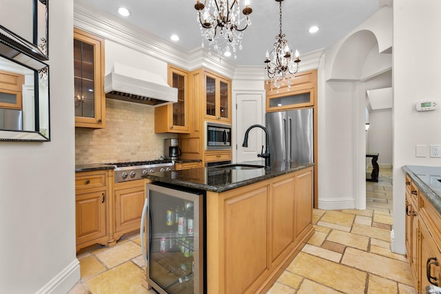 274 Sharon Tpke, Goshen, CT 06756 - kitchen featuring appliances with stainless steel finishes, stone tile flooring, wine cooler, custom exhaust hood, and decorative backsplash