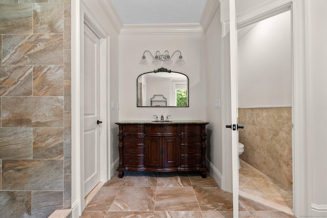 274 Sharon Tpke, Goshen, CT 06756 - full bathroom with vanity, crown molding, and marble finish flooring