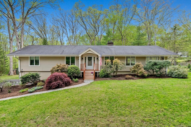 28 Codfish Ln, Weston, CT 06883 - single story home featuring a chimney and a front lawn