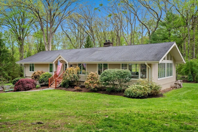 28 Codfish Ln, Weston, CT 06883 - ranch-style house with a chimney, a front yard, and roof with shingles