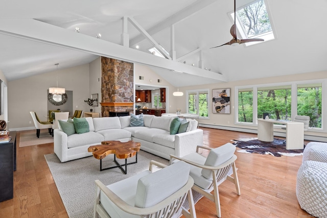 28 Codfish Ln, Weston, CT 06883 - living area featuring a baseboard radiator, high vaulted ceiling, beam ceiling, a chandelier, and wood finished floors