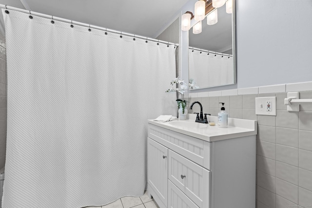 28 Codfish Ln, Weston, CT 06883 - bathroom with vanity, tile walls, curtained shower, and tile patterned floors