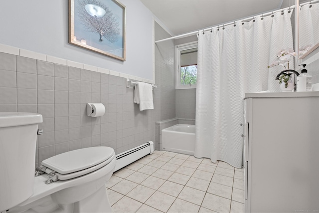 28 Codfish Ln, Weston, CT 06883 - full bath featuring a baseboard radiator, shower / bath combo, tile patterned flooring, tile walls, and wainscoting