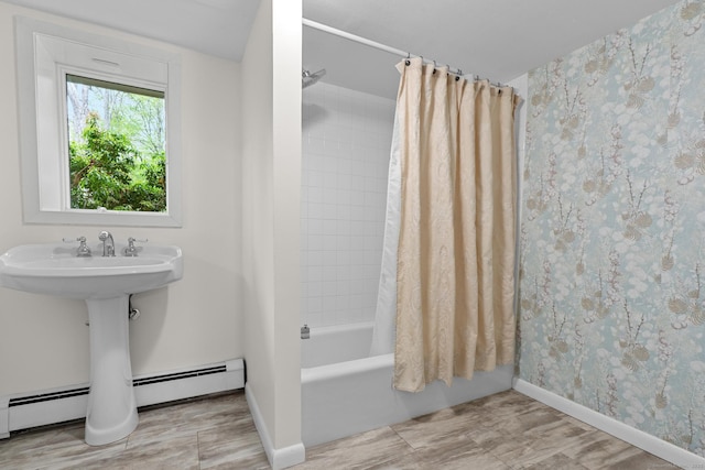 28 Codfish Ln, Weston, CT 06883 - bathroom featuring shower / bath combination with curtain and baseboard heating