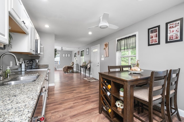 845 Five Mile River Rd, Putnam, CT 06260 - dining room with a ceiling fan, wood finished floors, and recessed lighting