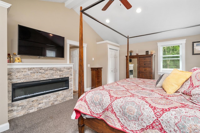 845 Five Mile River Rd, Putnam, CT 06260 - carpeted bedroom featuring a stone fireplace, recessed lighting, and ceiling fan