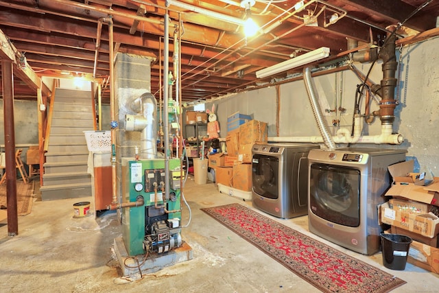 97 Edgewood Ave, Thomaston, CT 06787 - unfinished below grade area with washer and dryer, stairway, and a heating unit