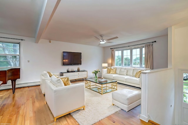 43 Berner Ter, Milford, CT 06460 - living area with a ceiling fan, a baseboard radiator, light wood-type flooring, and beamed ceiling