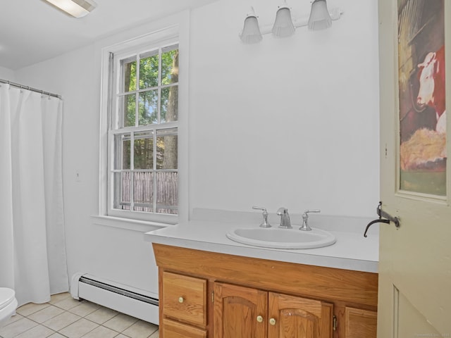 161 White St, Stratford, CT 06615 - full bath with a baseboard radiator, tile patterned flooring, vanity, and curtained shower