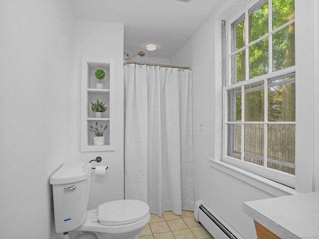 161 White St, Stratford, CT 06615 - bathroom featuring a baseboard radiator, tile patterned floors, a shower with shower curtain, and vanity