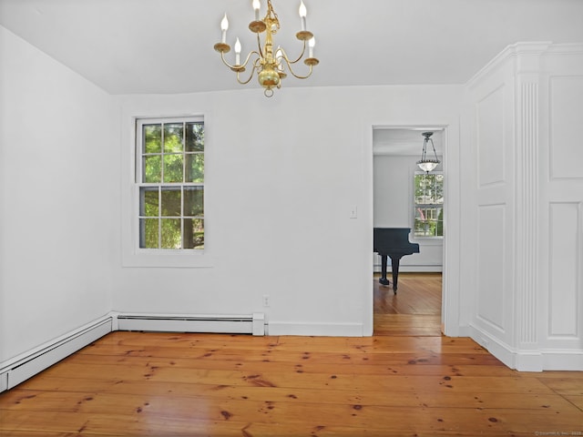 161 White St, Stratford, CT 06615 - unfurnished dining area featuring a chandelier, a baseboard radiator, and light wood finished floors