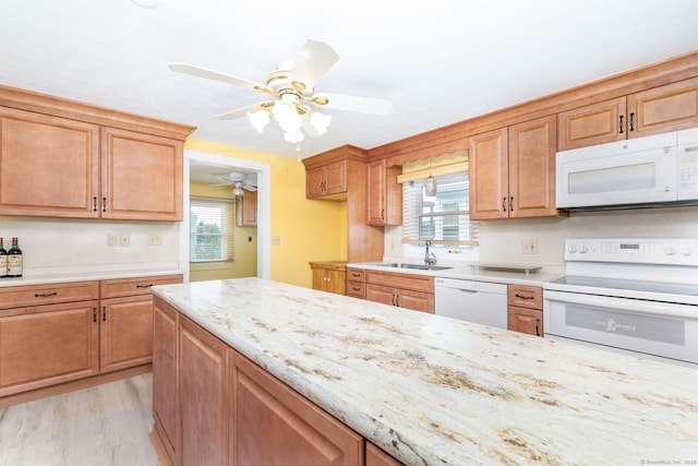15 Boardman St, Bristol, CT 06010 - kitchen featuring white appliances, ceiling fan, healthy amount of natural light, and light wood-style floors