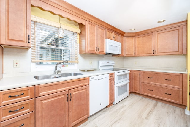 15 Boardman St, Bristol, CT 06010 - kitchen featuring white appliances, light countertops, light wood-style flooring, hanging light fixtures, and recessed lighting
