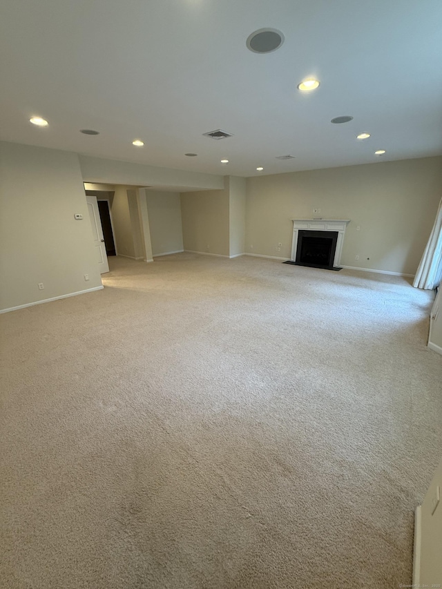 1 Sampson Ter Unit 801, Danbury, CT 06810 - unfurnished living room featuring recessed lighting, light colored carpet, and a fireplace with flush hearth