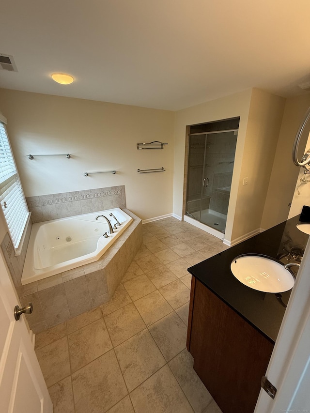 1 Sampson Ter Unit 801, Danbury, CT 06810 - bathroom with vanity, a whirlpool tub, tile patterned flooring, and a shower stall