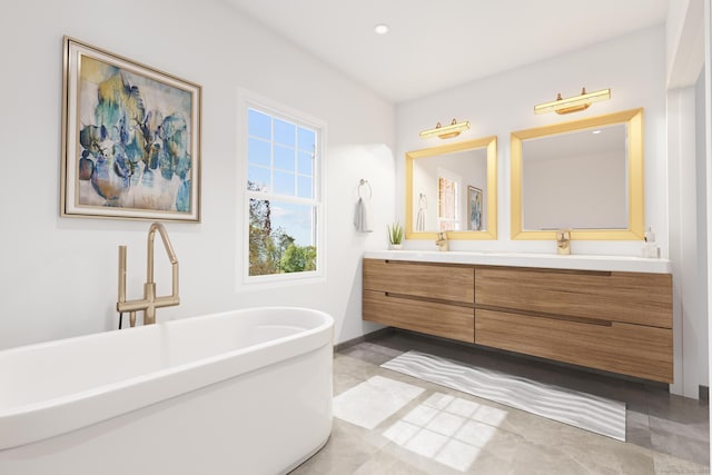 47 Lucey Ave, West Haven, CT 06516 - bathroom with double vanity, a freestanding bath, tile patterned flooring, and recessed lighting
