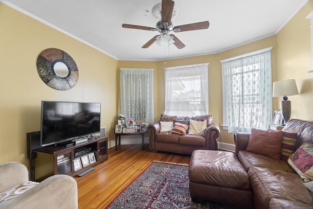 103 Eaton St, Bridgeport, CT 06604 - living room featuring wood finished floors, ceiling fan, and crown molding