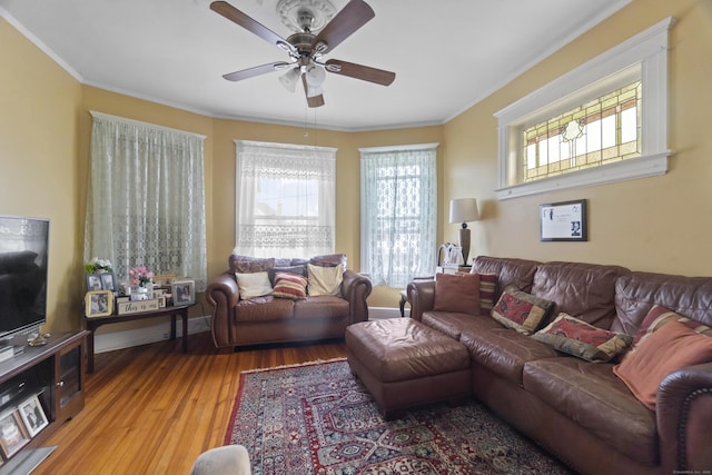 103 Eaton St, Bridgeport, CT 06604 - living room with ornamental molding, hardwood / wood-style flooring, and a ceiling fan