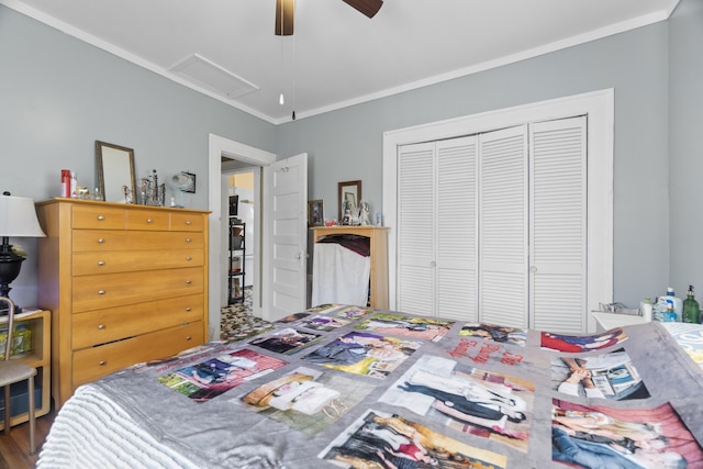 103 Eaton St, Bridgeport, CT 06604 - bedroom featuring a closet, ceiling fan, ornamental molding, and wood finished floors