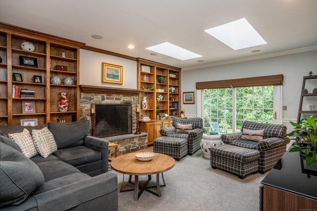 6 Salisbury Way, Farmington, CT 06032 - carpeted living area featuring a skylight, a fireplace, and crown molding