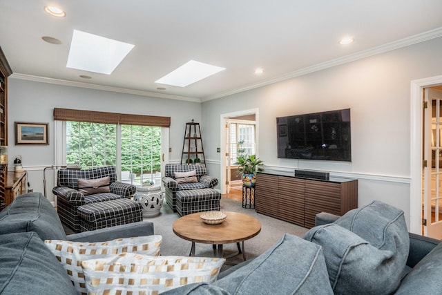 6 Salisbury Way, Farmington, CT 06032 - living area with a skylight, crown molding, light colored carpet, and recessed lighting