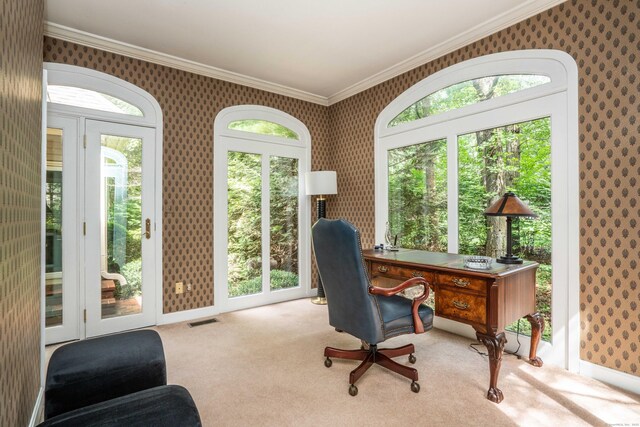 6 Salisbury Way, Farmington, CT 06032 - office space with wallpapered walls, carpet, and ornamental molding