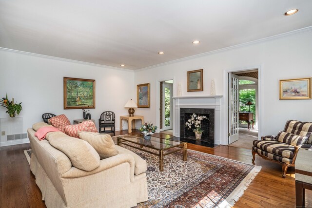 6 Salisbury Way, Farmington, CT 06032 - living area with crown molding, recessed lighting, wood finished floors, and a premium fireplace