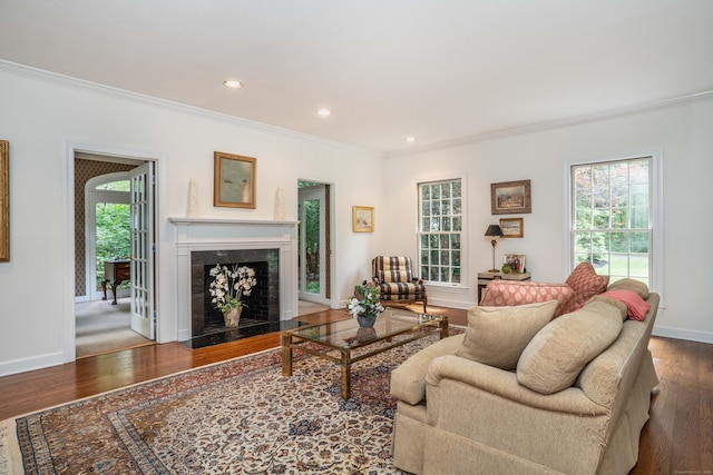 6 Salisbury Way, Farmington, CT 06032 - living area with ornamental molding, wood finished floors, healthy amount of natural light, a premium fireplace, and recessed lighting