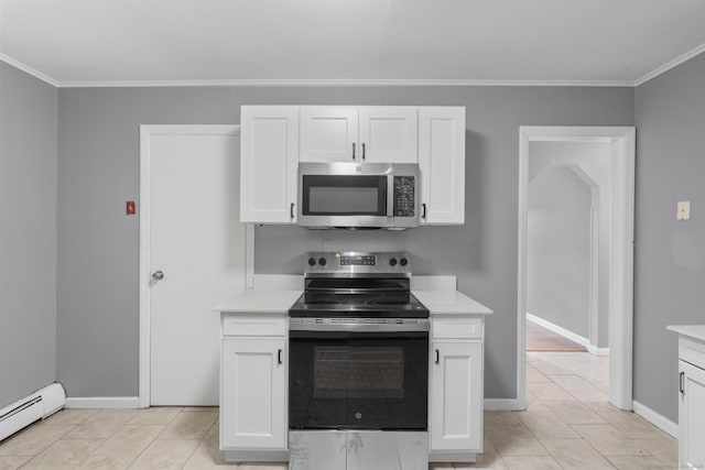 17 Norwood Rd, New Haven, CT 06513 - kitchen with stainless steel appliances, light countertops, white cabinets, a baseboard heating unit, and ornamental molding