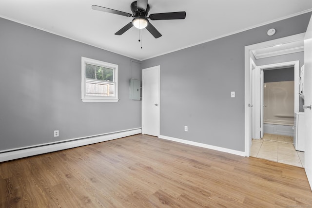 17 Norwood Rd, New Haven, CT 06513 - empty room with baseboard heating, ornamental molding, light wood-style floors, ceiling fan, and electric panel