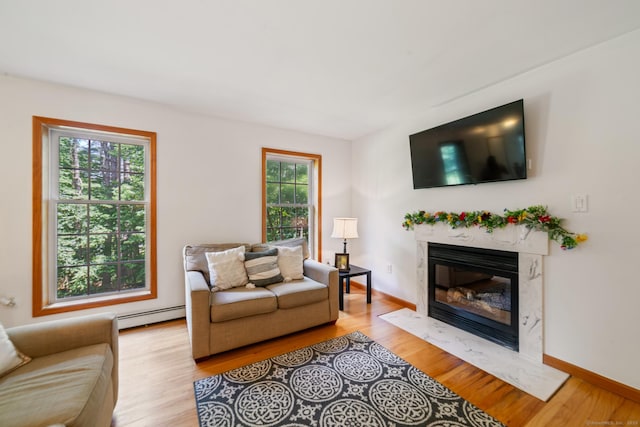 195 Crane Hollow Rd, Bethlehem, CT 06751 - living area featuring a baseboard heating unit, a high end fireplace, and light wood-type flooring