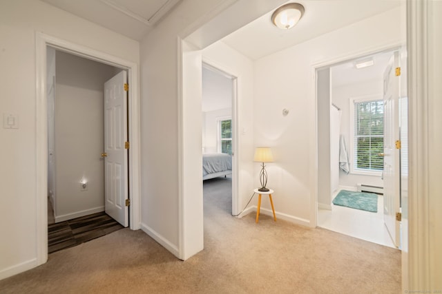 195 Crane Hollow Rd, Bethlehem, CT 06751 - hall with a baseboard heating unit, carpet flooring, and plenty of natural light